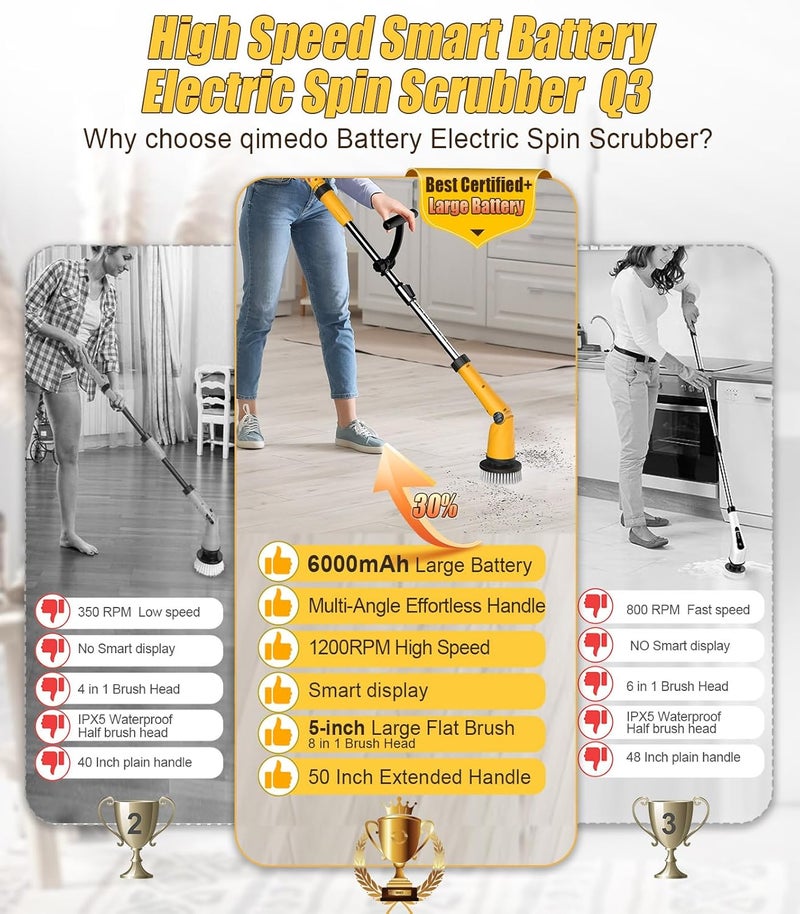 qimedo Electric Spin Scrubber Extra Large Brush Q3,6000 mAh Best Battery Power Scrubber for Cleaning,1200RPM Shower Cordless Cleaning Brush with 8 Brushes for Bath/Tub/Tile/Floor (Smart Display) - Image 4